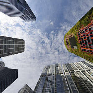 Looking up at office towers in Singapore's business district.